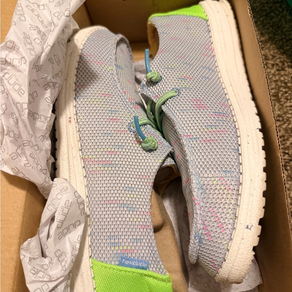 Hey Dude Light Gray and Neon Green Women's Sneakers